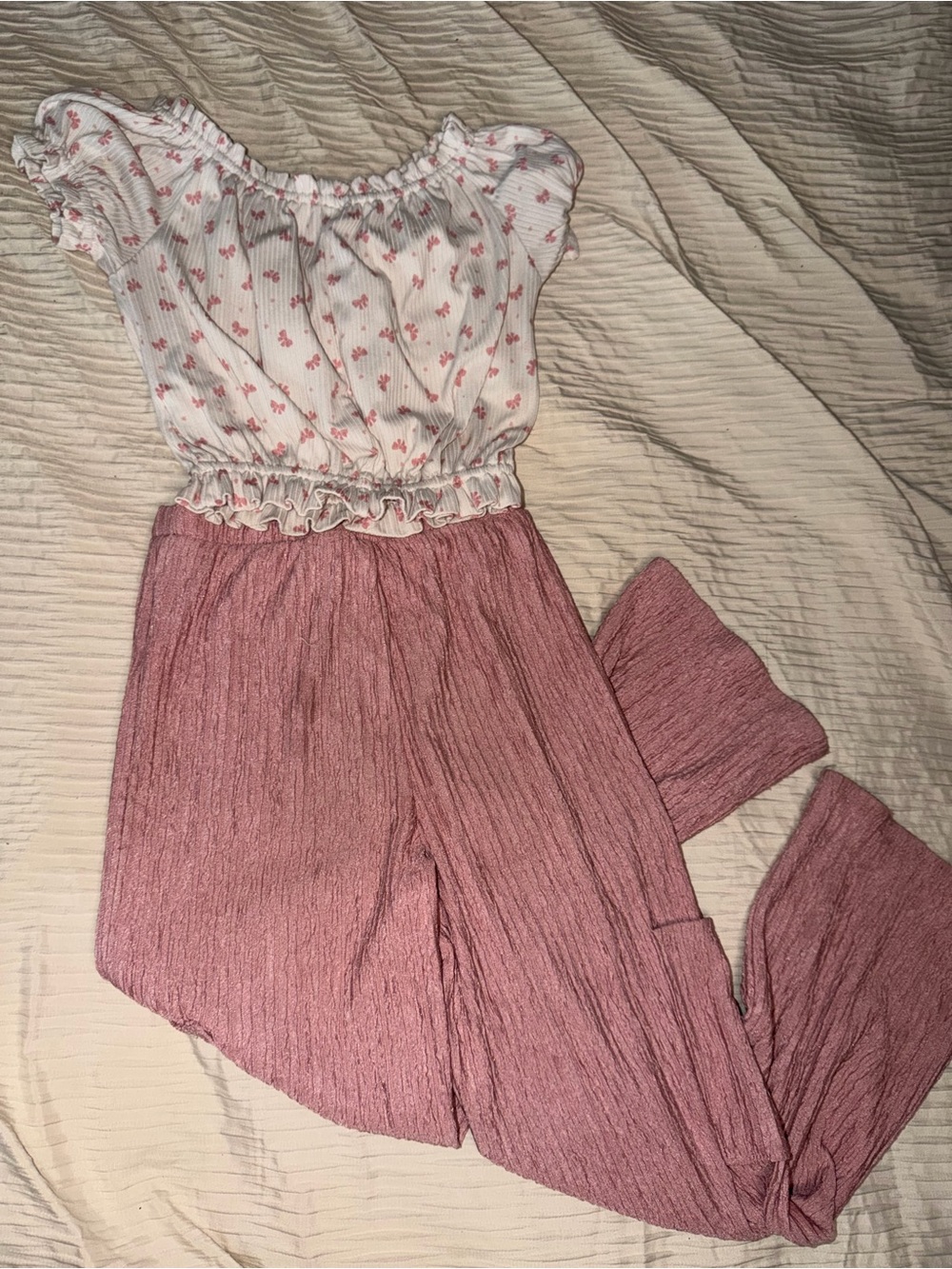 Girls' Pink Floral Top & Dusty Rose Wide-Leg Matching Set